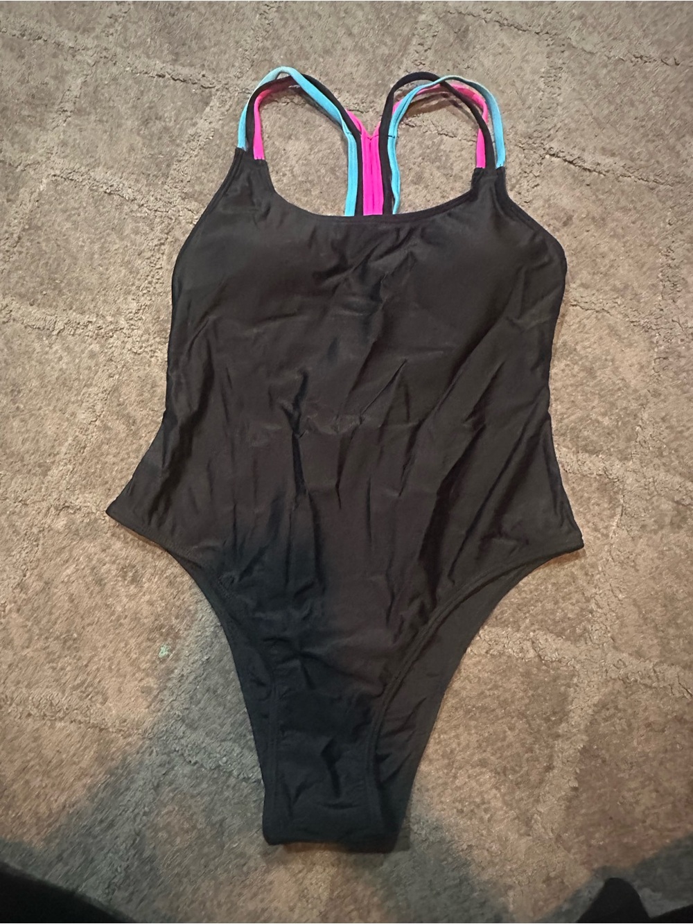 Source Unknown Black One-Piece Swimsuit with Pink & Aqua Straps